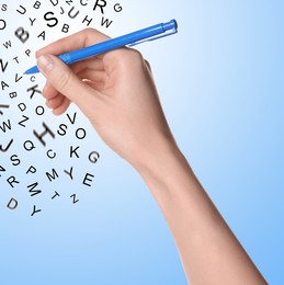 Image of Woman writing letters and they flying away on light blue gradient background, closeup