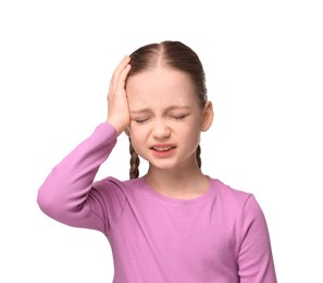 Little girl suffering from headache on white background