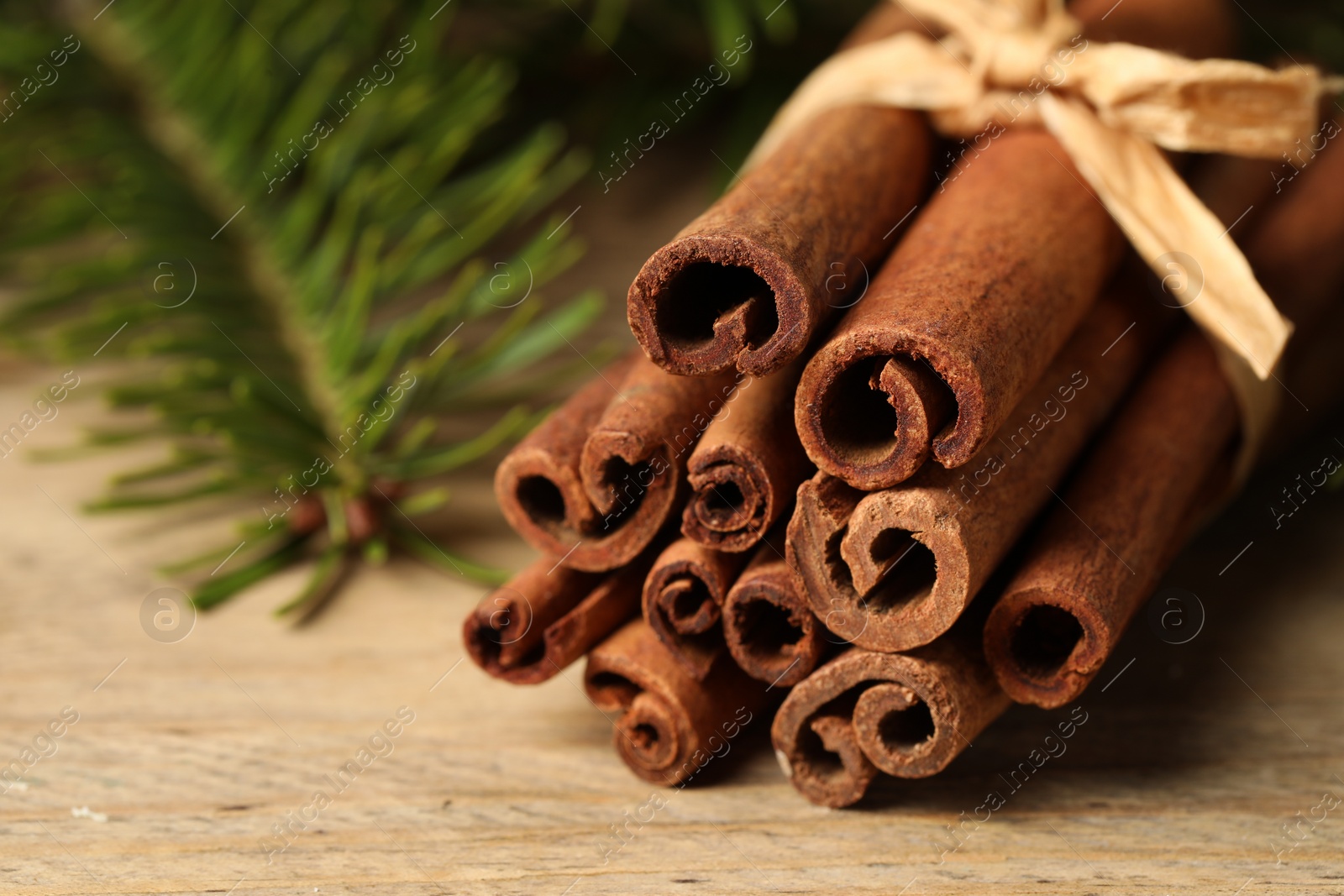 Photo of Bunch of cinnamon sticks and fir branches on wooden table, closeup. Space for text