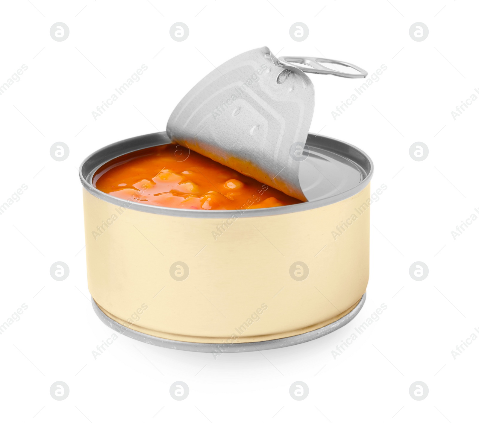 Photo of Open tin can of beans in tomato sauce isolated on white