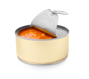 Photo of Open tin can of beans in tomato sauce isolated on white