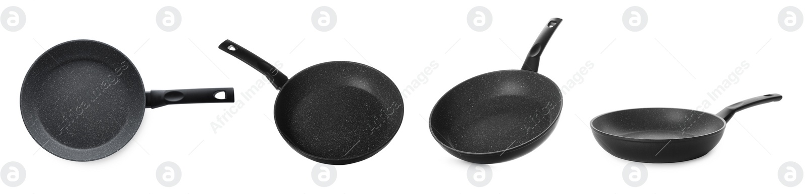 Image of Set with new frying pans on white background. Banner design