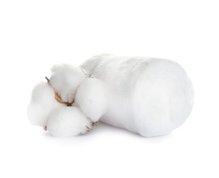 Photo of Fluffy cotton roll and flower on white background