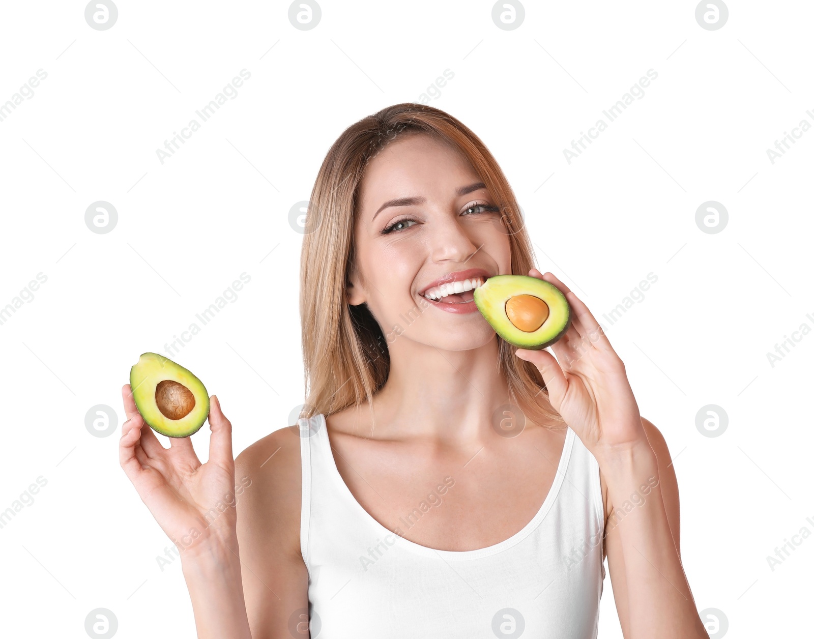 Photo of Portrait of young beautiful woman with ripe delicious avocado on white background