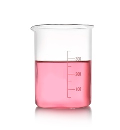 Photo of Beaker with color liquid isolated on white. Solution chemistry