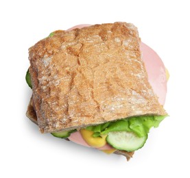 Photo of Tasty sandwich with boiled sausage, cheese and vegetables isolated on white, top view