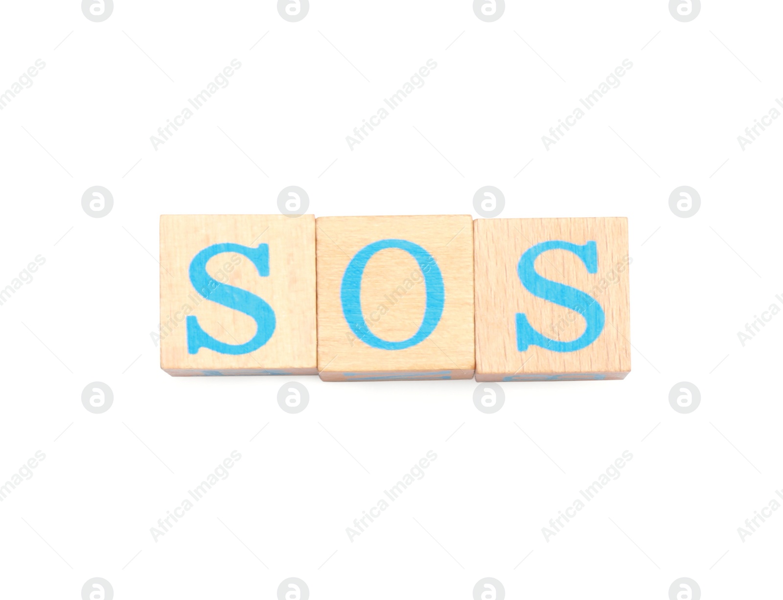 Photo of Abbreviation SOS made of wooden cubes on white background, top view