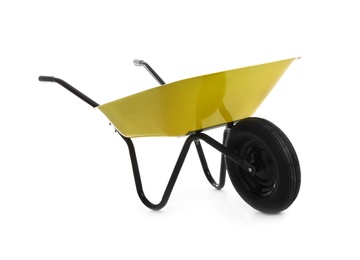 Photo of Color wheelbarrow isolated on white. Gardening tool