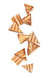 Image of Delicious crispy pita chips falling on white background