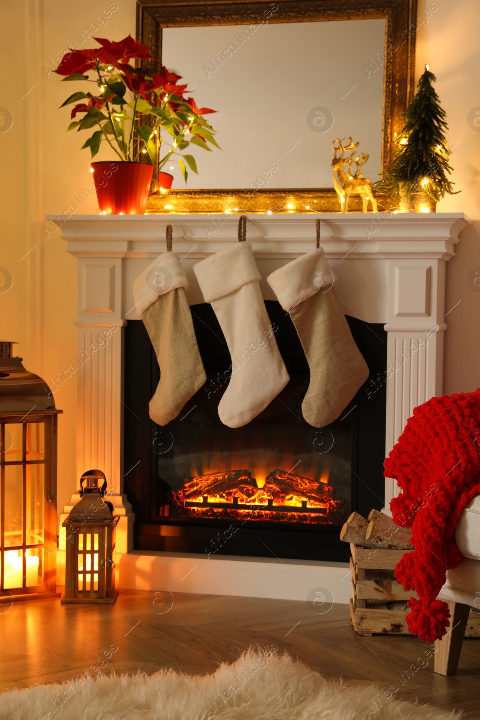Photo of Fireplace in beautiful living room decorated for Christmas