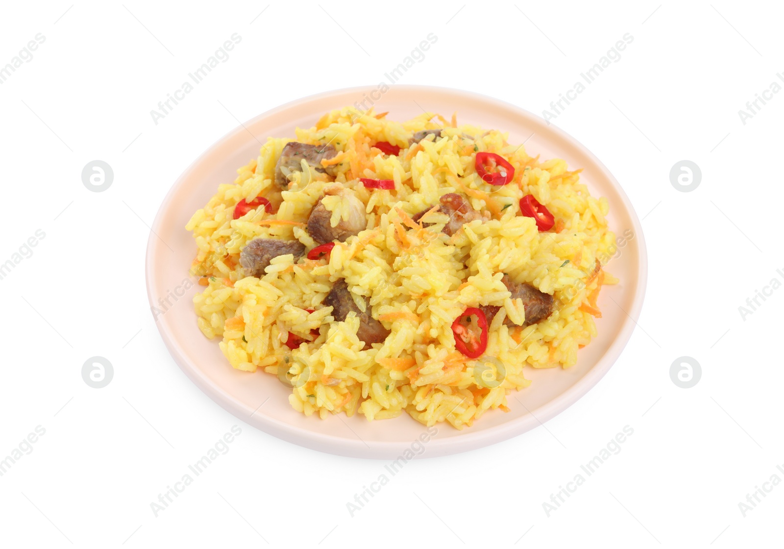 Photo of Delicious pilaf with meat isolated on white