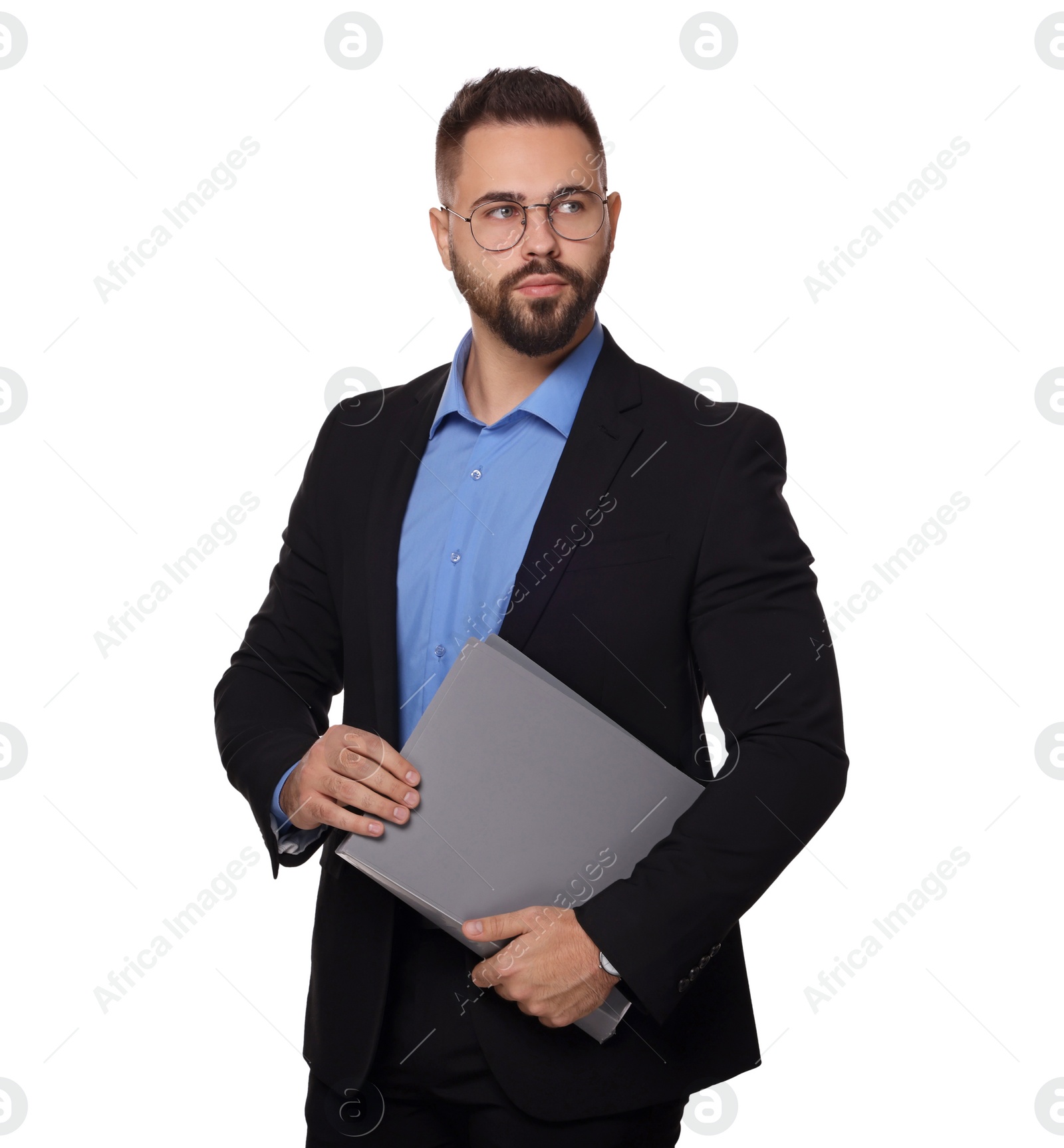 Photo of Portrait of serious man in glasses with folders on white background. Lawyer, businessman, accountant or manager