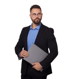 Portrait of serious man in glasses with folders on white background. Lawyer, businessman, accountant or manager