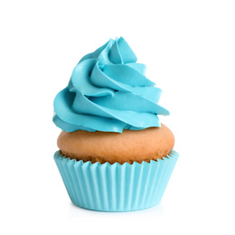 Photo of Delicious birthday cupcake with buttercream isolated on white