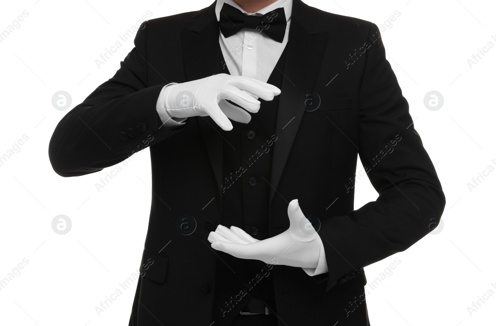 Photo of Magician holding something on white background, closeup