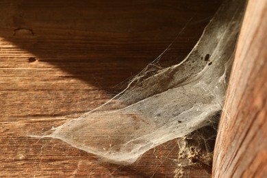 Photo of Dusty cobweb on wooden building outdoors, closeup