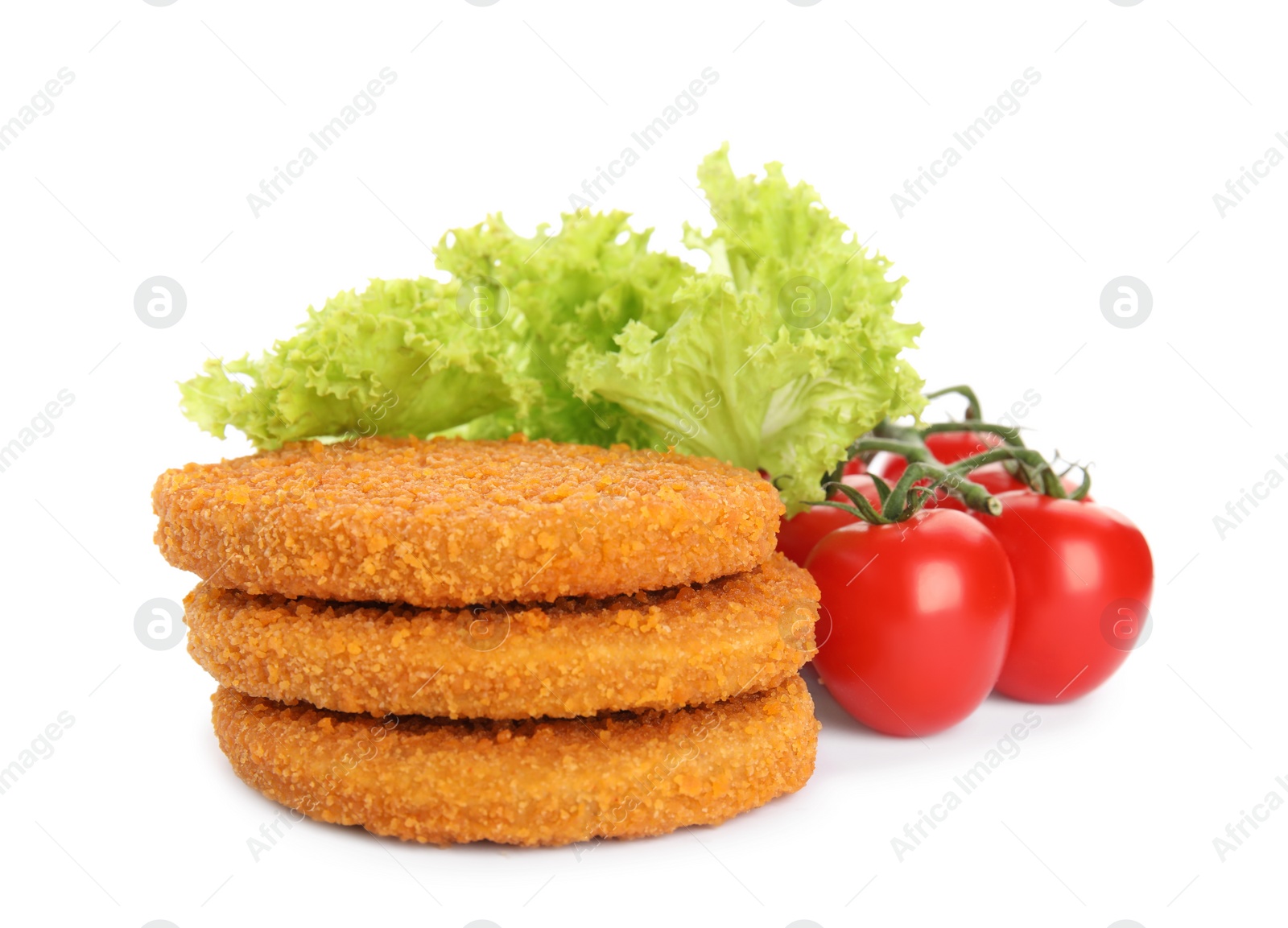 Photo of Delicious fried breaded cutlets with cherry tomatoes and lettuce on white background