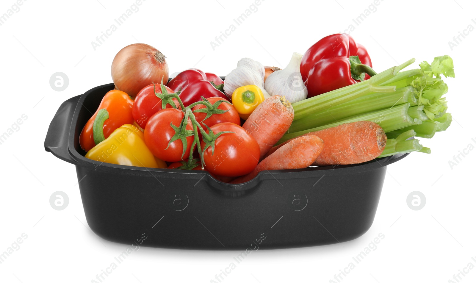 Photo of Fresh products in black pot isolated on white