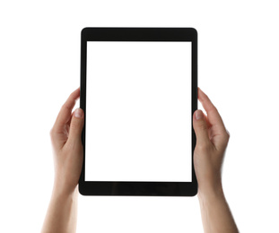 Photo of Woman holding tablet computer with blank screen on white background, closeup. Modern gadget