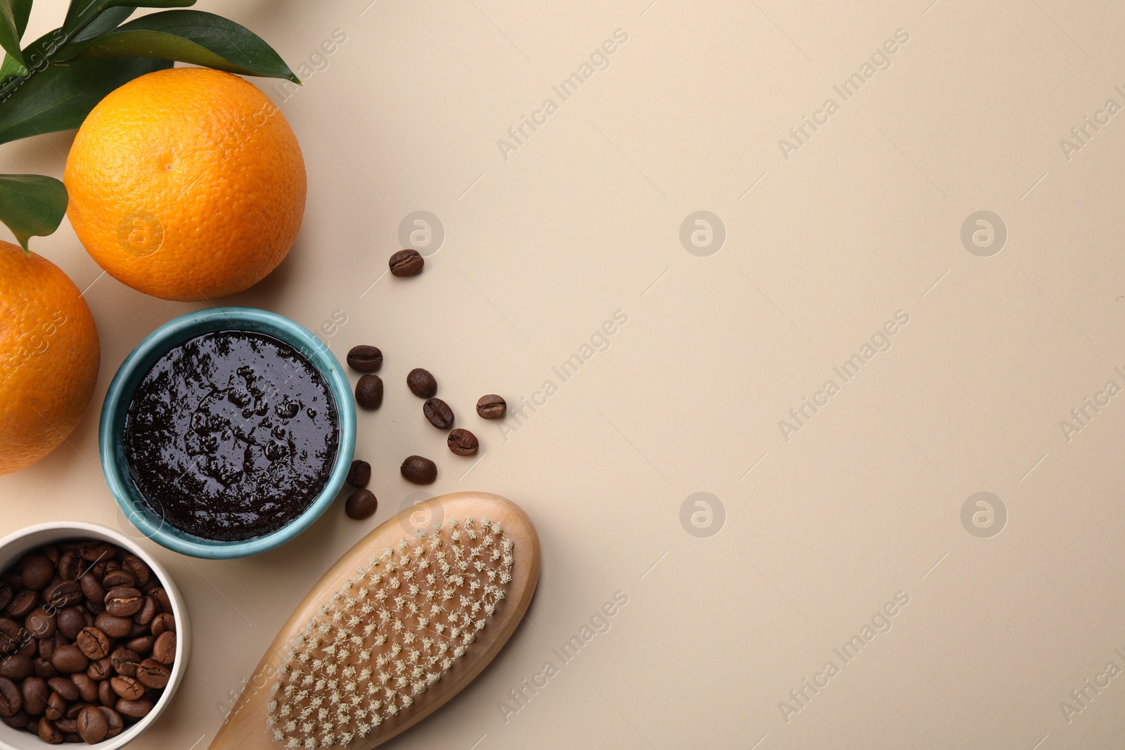 Photo of Flat lay composition with natural body scrub and fresh ingredients on beige background, space for text. Anti cellulite treatment