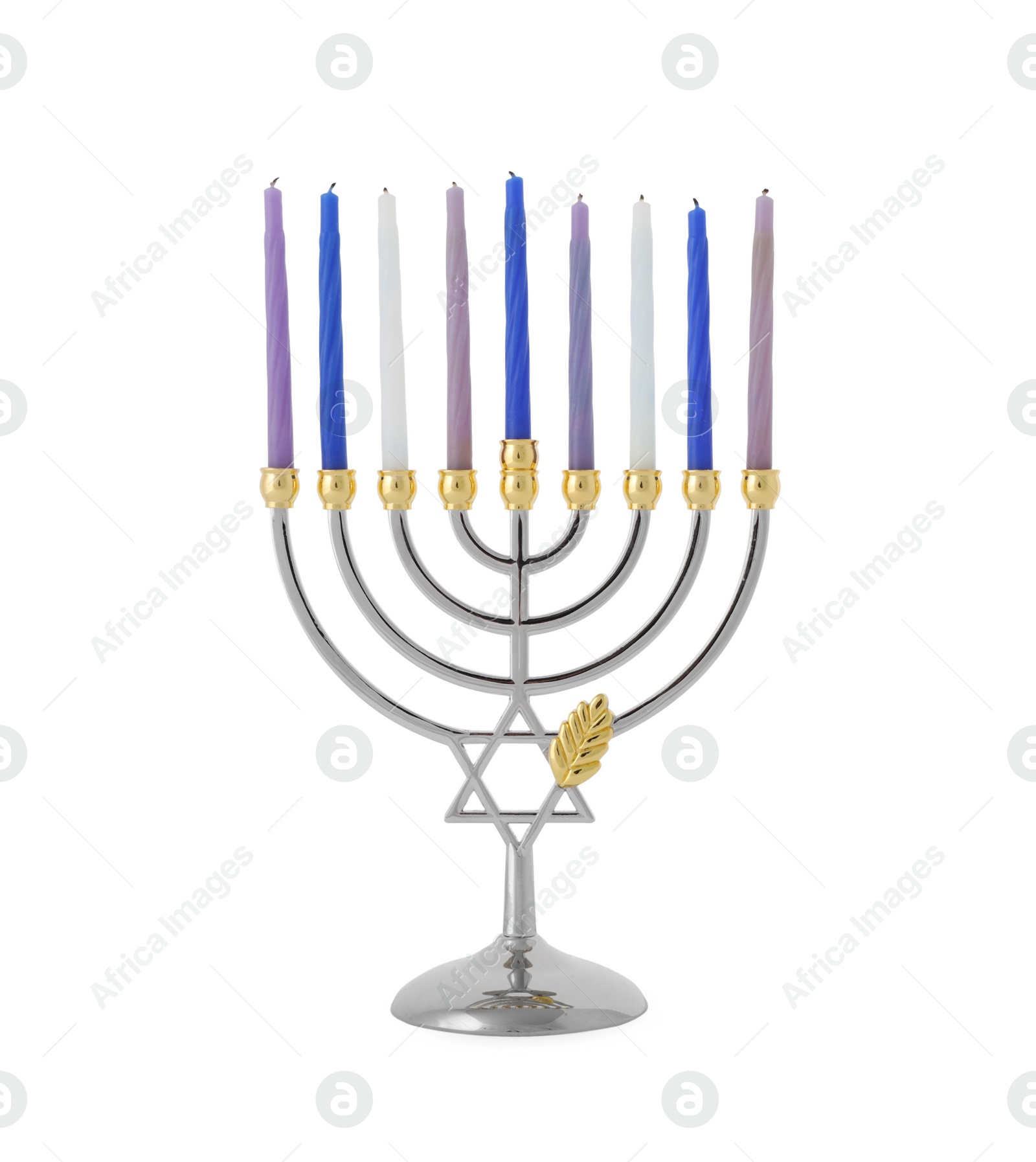 Photo of Menorah with burning candles isolated on white. Hanukkah symbol