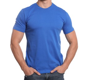 Man wearing blue t-shirt on white background, closeup. Mockup for design