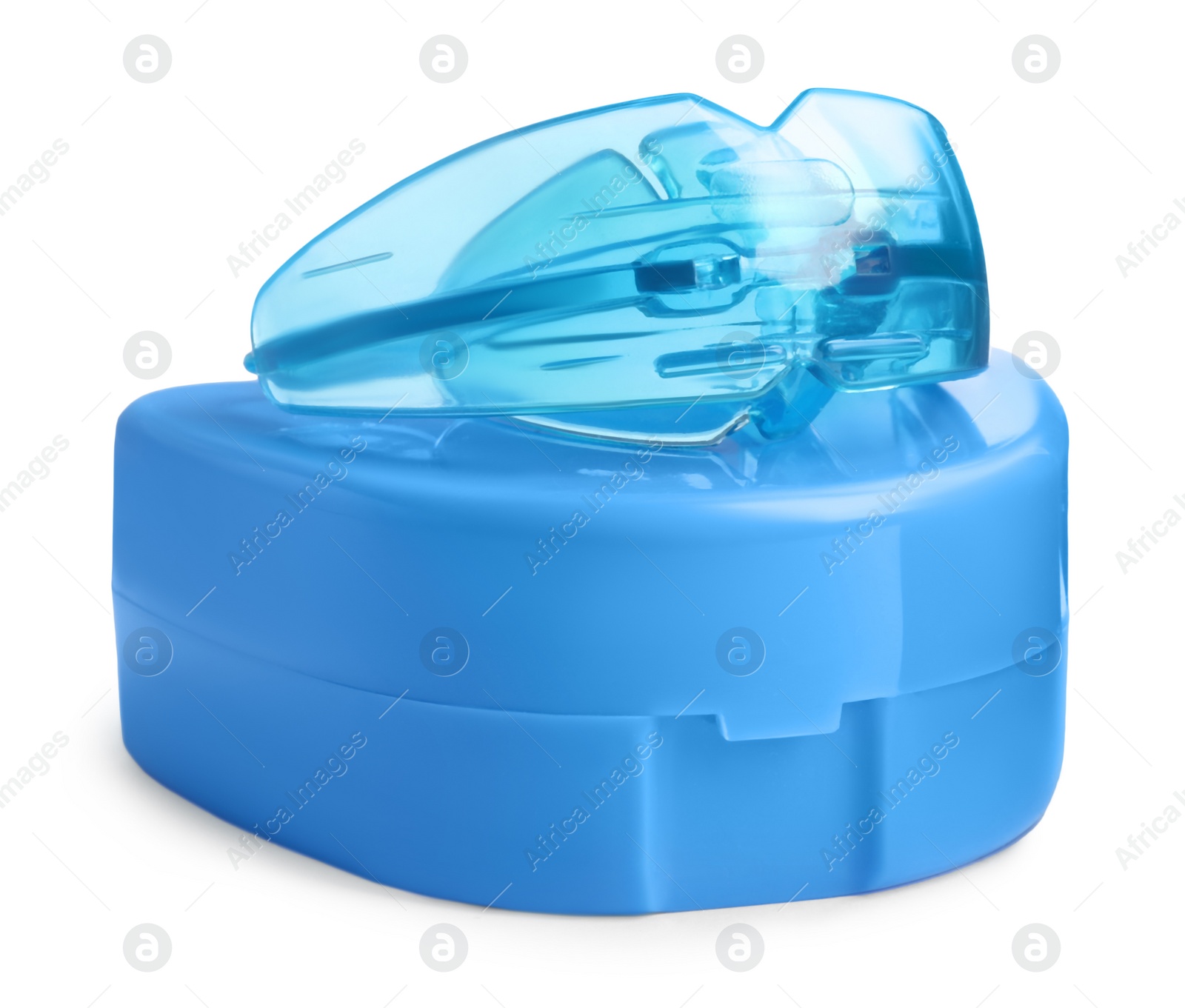 Photo of Transparent dental mouth guard in container isolated on white. Bite correction