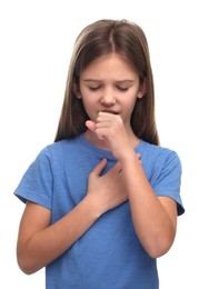 Photo of Sick girl coughing on white background. Cold symptoms