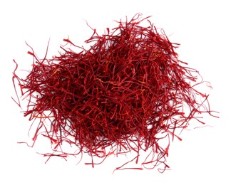 Pile of dried saffron isolated on white, top view