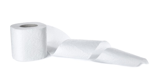 Photo of Roll of toilet paper on white background. Personal hygiene