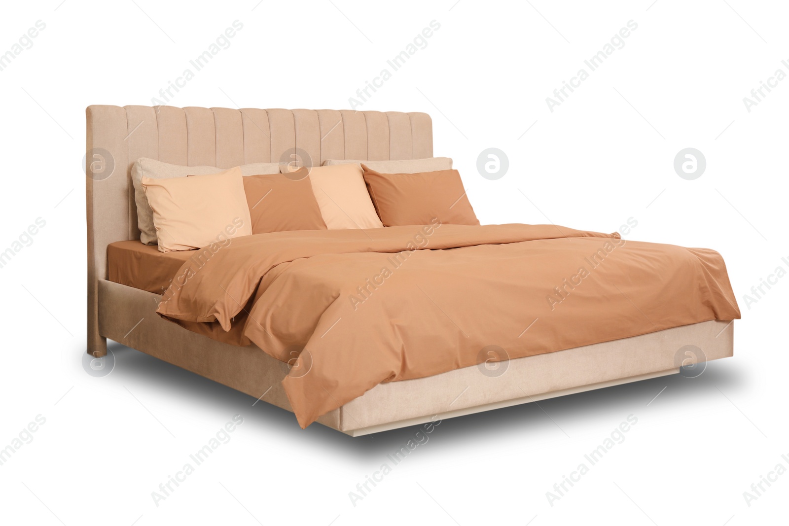 Image of Elegant cozy bed with headboard, blanket and pillows on white background