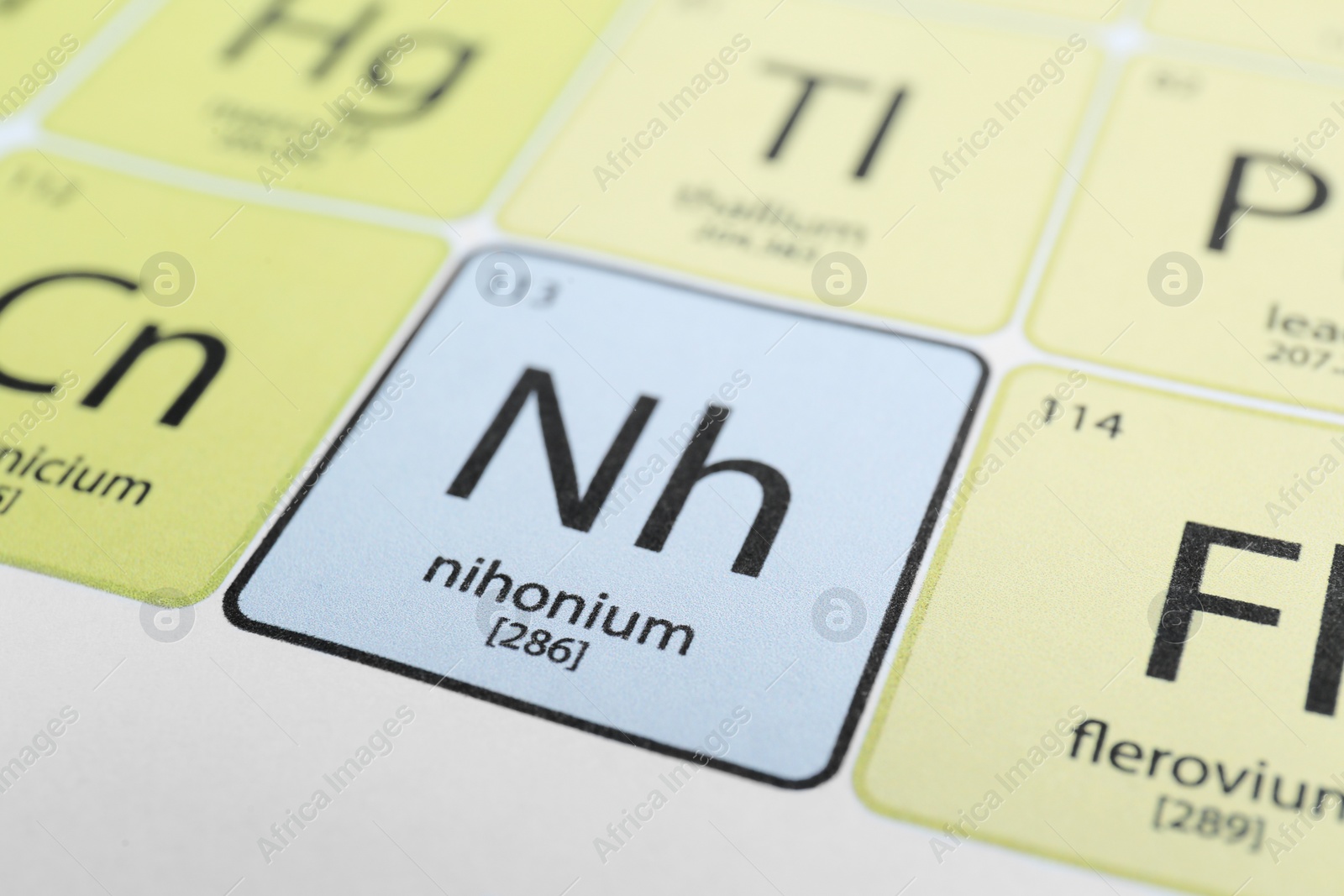 Photo of Symbol Nihonium on periodic table of chemical elements, closeup view
