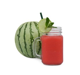 Photo of Mason jar of tasty watermelon drink with mint, lime and fresh fruit isolated on white