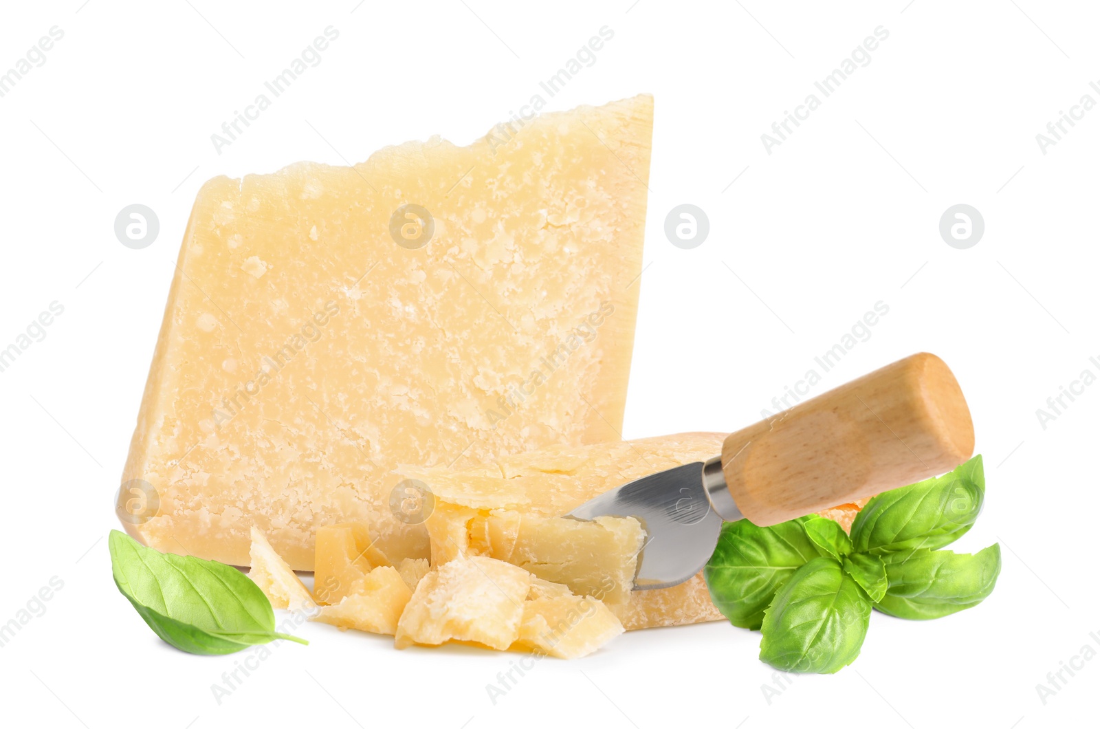 Image of Delicious parmesan cheese and basil on white background