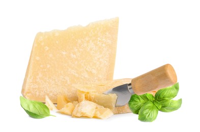 Image of Delicious parmesan cheese and basil on white background