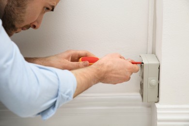 Photo of Electrician with screwdriver repairing power socket indoors, closeup