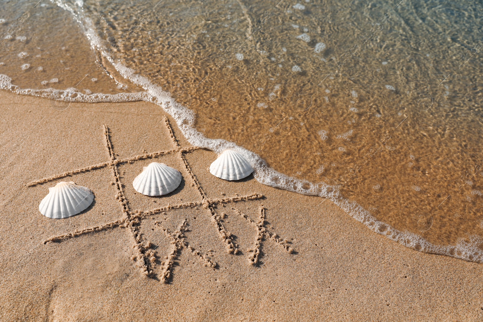 Photo of Playing Tic tac toe game with shells on sand near sea, above view. Space for text