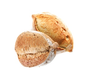 Loaves of fresh bread isolated on white, top view