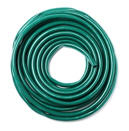 Photo of Green rubber watering hose isolated on white, top view