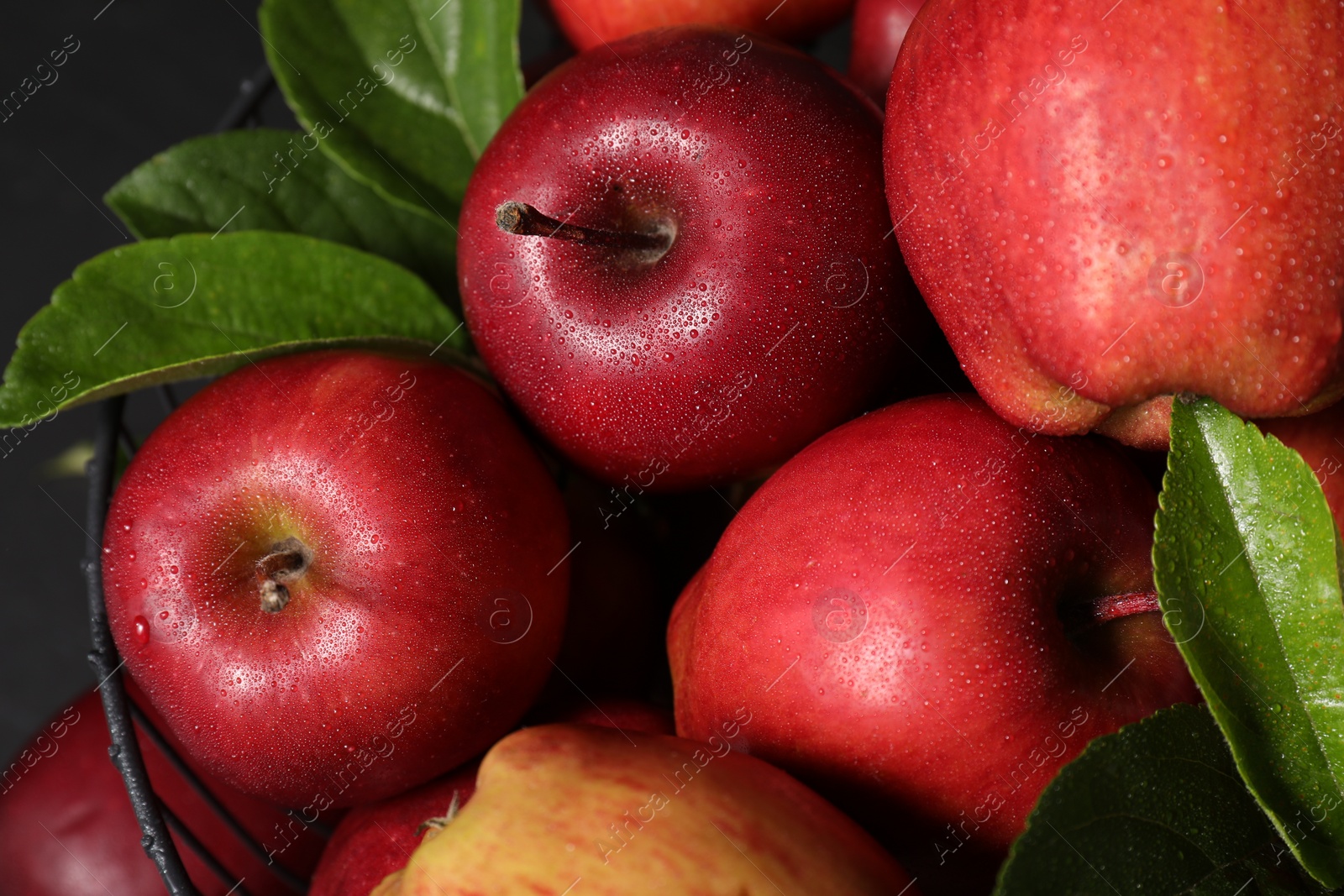 Photo of Fresh ripe red apples with water drops in metal bowl, closeup