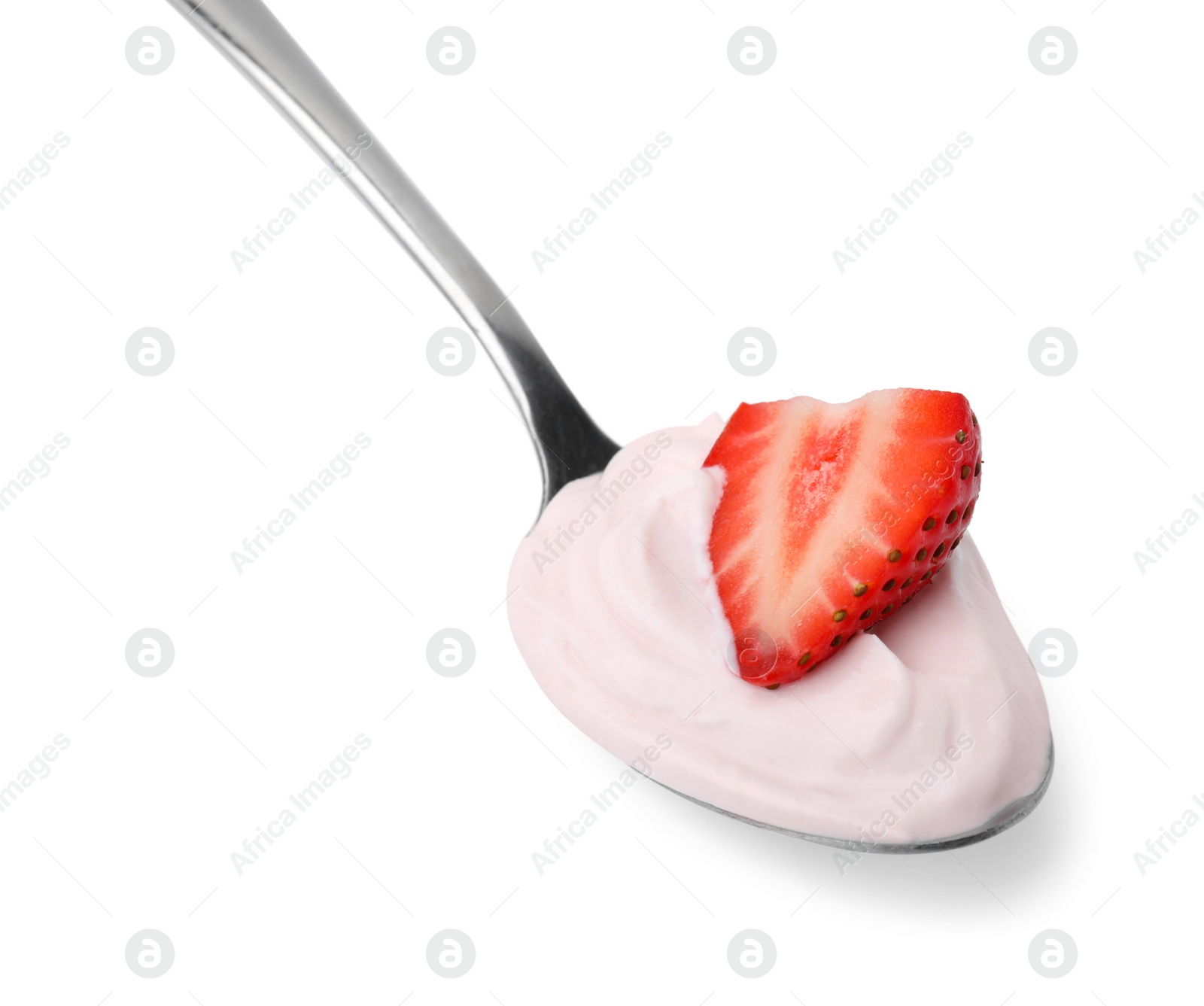 Photo of Delicious natural yogurt with fresh strawberry in spoon isolated on white