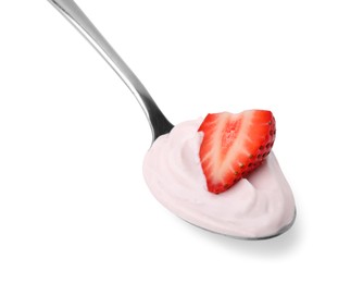 Photo of Delicious natural yogurt with fresh strawberry in spoon isolated on white