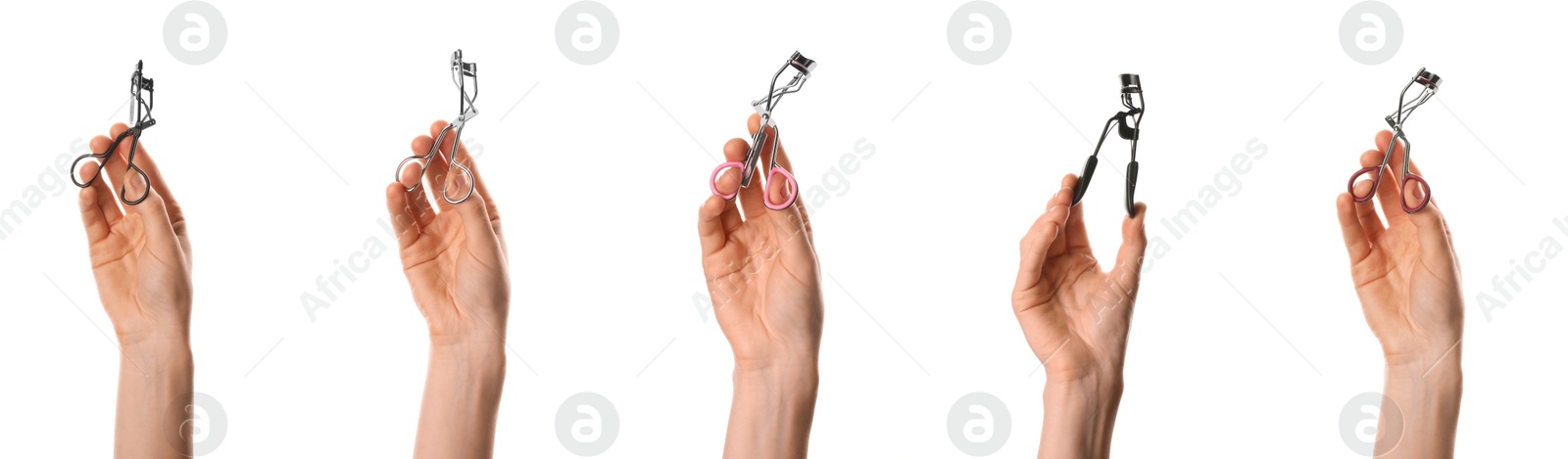 Image of Collage with photos of women holding different eyelash curlers on white background, closeup. Banner design