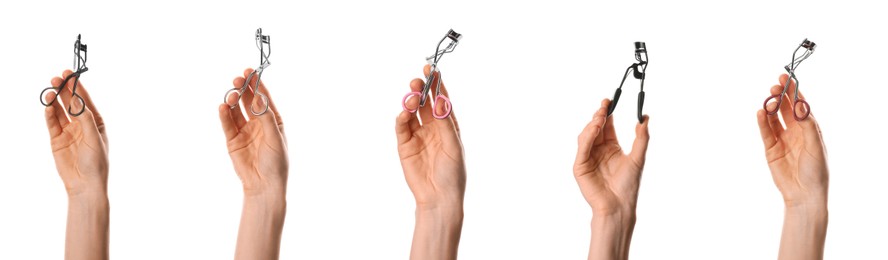 Collage with photos of women holding different eyelash curlers on white background, closeup. Banner design