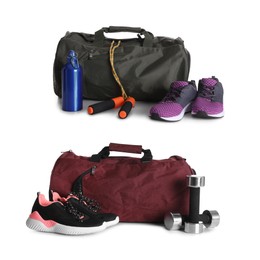 Image of Sports bag and gym equipment on white background, collage