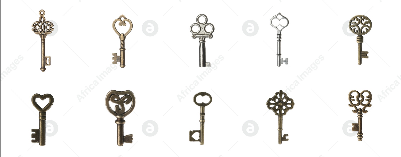 Image of Set of different ornate keys on white background. Banner design