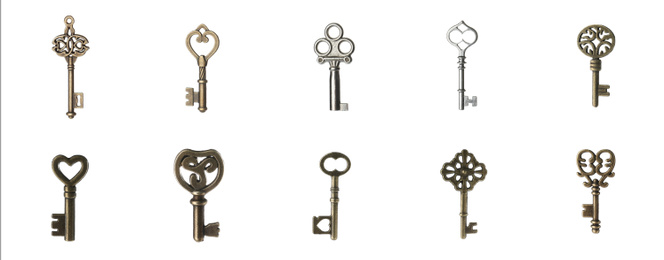 Set of different ornate keys on white background. Banner design