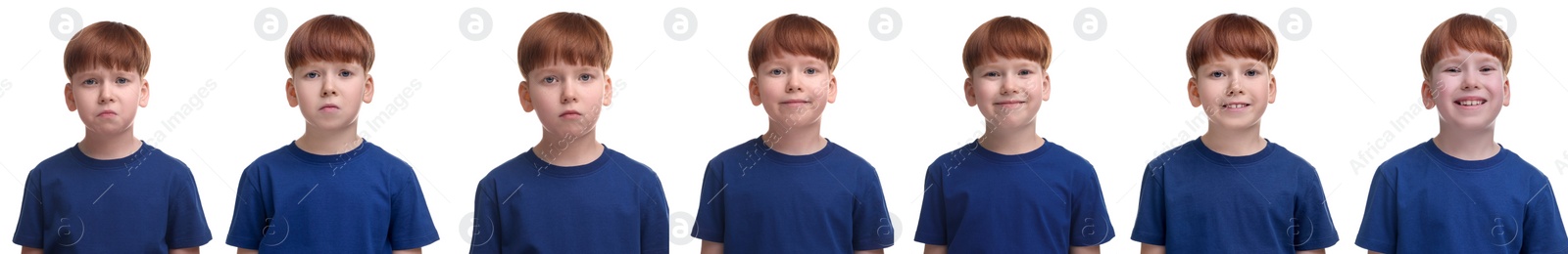 Image of Boy showing different emotions on white background, collage of photos