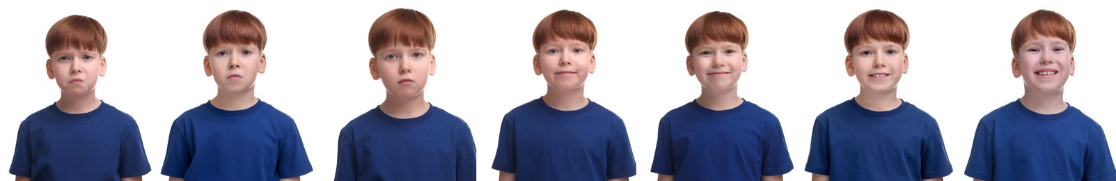 Image of Boy showing different emotions on white background, collage of photos