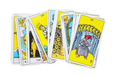 Tarot cards on white background, top view